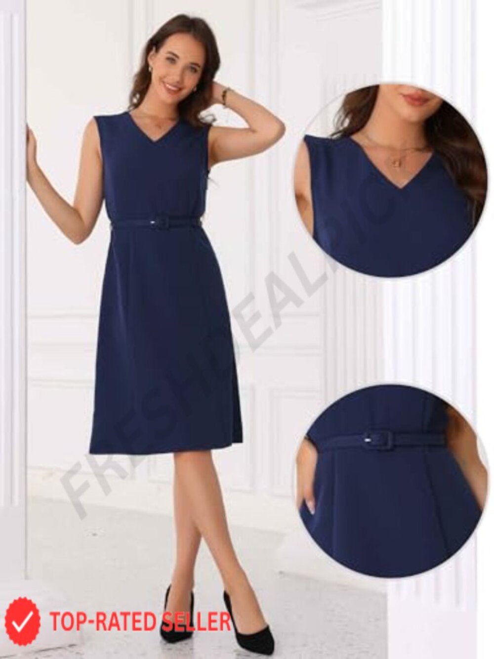 Sleeveless A-Line Work Dress Professional Chic Elegant Office Business Meeting - Picture 2 of 5